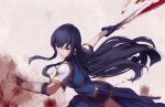  1girl amage_kanade armor attack ayra_(fire_emblem) black_hair bleeding blood blood_on_face blood_stain bloody_clothes bloody_weapon blue_dress blue_gloves cowboy_shot cuts dress earrings fingerless_gloves fire_emblem fire_emblem:_genealogy_of_the_holy_war gauntlets gloves holding holding_sword holding_weapon incoming_attack injury jewelry long_hair looking_at_viewer motion_blur pauldrons serious sheath shoulder_armor simple_background solo sword very_long_hair weapon 