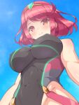  1girl bare_shoulders breasts competition_swimsuit covered_nipples f_1chan large_breasts looking_at_viewer looking_down official_alternate_costume one-piece_swimsuit pyra_(xenoblade) red_eyes redhead short_hair solo swimsuit xenoblade_chronicles_(series) xenoblade_chronicles_2 