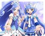  2girls aoki_reika bike_shorts blue_bow blue_choker blue_dress blue_eyes blue_hair blue_theme bow brooch choker collarbone cure_beauty cure_diamond dokidoki!_precure dress eyebrows_visible_through_hair forehead head_wings highres hishikawa_rikka jewelry long_hair magical_girl multiple_girls open_mouth precure puffy_sleeves sash shorts shorts_under_skirt smile smile_precure! tiara usoco very_long_hair 