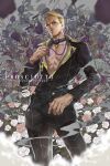  1boy absurdres black_suit blonde_hair blue_eyes character_name commentary_request english_text floral_background formal highres jojo_no_kimyou_na_bouken prosciutto sanwood_mori short_hair solo standing suit vento_aureo 