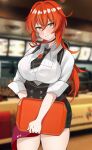  1girl blush breasts brown_eyes choker collared_shirt cowboy_shot diluc_(genshin_impact) employee_uniform fast_food_uniform genderswap genshin_impact highres holding holding_tray icons_(1452697582) kfc large_breasts looking_at_viewer low_ponytail ponytail redhead shirt solo tray uniform 