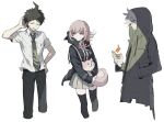  1girl 2boys animal_bag asuna_(doruru-mon) bag bag_removed bangs black_jacket black_legwear black_shirt breast_pocket brown_pants cat_bag coat collared_shirt commentary_request cropped_legs dangan_ronpa_(series) dangan_ronpa_2:_goodbye_despair dress_shirt fire flame green_coat green_neckwear grey_hair hair_ornament hairclip hand_in_hair hand_on_hip hand_up highres hinata_hajime holding holding_bag holding_lighter hood hood_down hood_up hooded_jacket hoodie jacket komaeda_nagito light_brown_hair multiple_boys nanami_chiaki neck_ribbon necktie pants pink_bag pink_ribbon pleated_skirt pocket ribbon school_uniform shirt short_hair simple_background skirt spaceship_hair_ornament thigh-highs torn_coat white_background white_shirt 