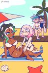  4girls applying_sunscreen barefoot beach beach_towel beach_umbrella bikini blush bra breasts callie_(splatoon) clam_shell closed_eyes clouds crybleat dark_skin dark-skinned_female day english_commentary eye_contact feet flat_chest green_eyes hat highres juice_box kneeling large_breasts looking_at_another lotion marie_(splatoon) marina_(splatoon) medium_breasts midriff mole mole_under_mouth multiple_girls navel octarian one-piece_swimsuit outdoors palm_tree panties parasol pearl_(splatoon) sandals shirt sitting sky smile splatoon_(series) splatoon_2 starfish suction_cups sunscreen swimsuit tentacle_hair towel tree umbrella underwear yellow_eyes yuri 