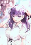  1girl bangs black_ribbon blurry blurry_foreground breasts commentary_request dress eyebrows_visible_through_hair fate/stay_night fate_(series) hair_ribbon hane_yuki highres large_breasts long_hair looking_at_viewer matou_sakura purple_hair red_ribbon ribbon smile solo_focus violet_eyes 