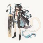  1girl arknights blue_hair chinese_text coat dusk_(arknights) hair_over_one_eye highres holding holding_weapon long_hair looking_at_viewer multicolored_hair necktie pointy_ears red_eyes solo streaked_hair sword thurim6 weapon 