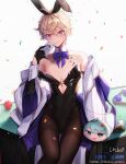 1boy animal_ears backlighting bangs bare_shoulders bishounen black_gloves black_leotard blonde_hair blush bow bowtie brown_legwear card closed_mouth collarbone commentary_request confetti crossdressinging cue_ball detached_collar fake_animal_ears gloves hair_between_eyes head_tilt highleg highleg_leotard highres holding holding_card hwansang_jungdog joker_(card) leotard long_sleeves looking_at_viewer luchiphon_helel male_focus male_playboy_bunny off_shoulder on_table original otoko_no_ko pantyhose playboy_bunny playing_card pool_table purple_bow purple_neckwear rabbit_ears side-tie_leotard sitting smile solo sticker strapless strapless_leotard striped striped_bow striped_neckwear sweatdrop table thigh_gap thighband_pantyhose thighs tsurime twitter_username violet_eyes white_background wing_collar wrist_cuffs