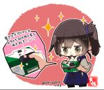  1girl :3 arrow_(symbol) artist_logo artist_name black_legwear blue_hakama blush brown_eyes brown_hair camera cropped_legs disposable_camera eyebrows_visible_through_hair hair_between_eyes hakama hakama_skirt holding holding_camera japanese_clothes kaga_(kancolle) kantai_collection long_hair open_mouth side_ponytail smile solo sparkle taisa_(kari) tasuki thigh-highs translation_request twitter_username 