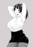  1girl absurdres anko_(nia) armpits arms_up black_hair black_skirt borrowed_character collared_shirt grey_background greyscale highres ibnu_rusydi long_hair looking_at_viewer monochrome office_lady original pantyhose pencil_skirt shirt simple_background skirt smile solo white_shirt 
