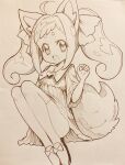 1girl ahoge animal_ears commentary_request delicious_party_precure highres kome-kome_(precure) kome-kome_(precure)_(human) legs looking_at_viewer magical_girl medium_hair mitsuba-sama_(milkba-ng) monochrome open_mouth precure shoes sidelocks solo tail traditional_media twintails