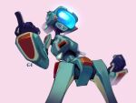  canti clenched_hand eigaka flcl highres index_finger_raised machinery no_humans pelvic_thrust pink_background pointing pose robot screen signature television 