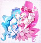  2girls blue_background blue_choker blue_dress brooch cherry_hair_ornament choker closed_eyes cure_blossom cure_marine dress earrings food_themed_hair_ornament hair_ornament hanasaki_tsubomi heart heartcatch_precure! highres jewelry komanana320 kurumi_erika long_hair magical_girl multiple_girls one_eye_closed open_mouth pink_choker pink_dress pink_eyes ponytail precure puffy_sleeves smile starry_background upper_body wavy_hair white_dress 