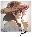  1girl black_hair character_name closed_eyes facing_viewer from_behind hand_up hat highres long_hair original parted_lips ponytail qhiee_(sihanjir) sihanjir smile solo straw_hat upper_body 