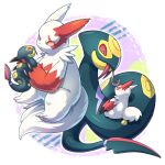  :&lt; amaneko5 black_eyes character_doll claws closed_mouth commentary_request doll fangs fangs_out gen_3_pokemon holding holding_doll looking_at_doll no_humans pokemon pokemon_(creature) seviper tongue tongue_out white_fur zangoose 