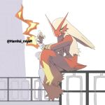  artist_name blaziken claws colored_sclera commentary fire full_body gen_3_pokemon hamhsi_miyar no_humans open_mouth pokemon pokemon_(creature) sitting solo yellow_sclera 