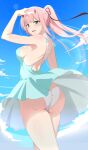  1girl absurdres ass bangs blue_dress blue_sky blush breasts clouds commentary_request darling_in_the_franxx day dress dress_lift eyebrows_visible_through_hair fangs from_behind green_eyes hair_ribbon hairband hand_on_own_head highres horns lens_flare lizta long_hair looking_at_viewer looking_back medium_breasts oni_horns open_mouth outdoors panties pink_hair ponytail red_horns red_ribbon ribbon sideboob sky solo standing underwear white_hairband white_panties wind wind_lift zero_two_(darling_in_the_franxx) 