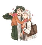  2girls bag bangs blush box closed_mouth cropped_legs gift gift_box green_hair green_jacket hairband heart holding holding_gift jacket kantai_collection long_hair long_sleeves multiple_girls one_eye_closed open_mouth orange_scarf red_hairband ribbed_sweater scarf shared_scarf shoukaku_(kancolle) simple_background sweater turtleneck turtleneck_sweater twintails weidashming white_background white_jacket white_sweater zuikaku_(kancolle) 