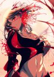  1girl bangs berryverrine black_hair black_shirt breasts eyebrows_visible_through_hair hair_between_eyes highres lips liquid_hair medium_hair midriff nail_polish navel original pale_skin parted_lips red_eyes red_nails redhead shirt single_sleeve solo splatter 