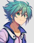  1boy aqua_hair bangs closed_mouth collarbone dated eyebrows_visible_through_hair green_eyes grey_background hair_between_eyes johan_andersen male_focus mikami_(mkm0v0) purple_shirt shiny shiny_hair shirt short_hair simple_background smile solo spiky_hair upper_body yu-gi-oh! yu-gi-oh!_gx 