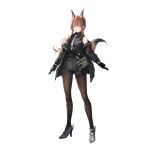  1girl animal_ears arknights bangs bare_shoulders black_gloves black_jacket black_shirt black_shorts brown_eyes brown_hair brown_legwear fox_ears fox_tail franka_(arknights) full_body gloves grey_footwear grey_neckwear high_heels jacket long_hair long_sleeves looking_at_viewer necktie off_shoulder official_art pantyhose renatus.z shirt shorts solo standing tail transparent_background 