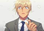  1boy amuro_tooru bangs blonde_hair blue_neckwear collared_shirt commentary_request fingernails formal grey_background grey_jacket grey_suit hair_between_eyes hand_up jacket k_(gear_labo) male_focus meitantei_conan necktie open_mouth puzzle_piece shirt short_hair simple_background solo suit upper_body white_shirt wind 