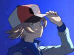  1boy aoaomzir baseball_cap blue_background blue_jacket brown_hair closed_mouth commentary_request fingernails grey_eyes hand_on_headwear hat highres hilbert_(pokemon) jacket long_sleeves looking_at_viewer male_focus pokemon pokemon_(game) pokemon_bw smile solo upper_body zipper_pull_tab 