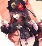  1girl black_headwear black_shorts brown_hair chinese_clothes closed_eyes commentary_request cowboy_shot ddangbi english_text fang flower genshin_impact hat hu_tao jewelry open_mouth red_eyes red_flower ring short_shorts shorts smile symbol-shaped_pupils twintails 