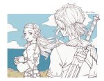  1boy 1girl bangs blue_sky blush braid clouds cloudy_sky collar commentary_request earrings framed from_behind gloves greyscale hair_ornament hairclip holding jewelry link long_hair long_sleeves looking_at_another looking_back master_sword medium_hair monochrome ocean open_mouth outdoors parted_bangs pointy_ears pouch princess_zelda saiba_(henrietta) sheath sheathed shirt short_ponytail sidelocks sky smile spot_color standing sword sword_behind_back the_legend_of_zelda the_legend_of_zelda:_breath_of_the_wild thick_eyebrows twitter_username upper_body weapon weapon_on_back wind 