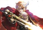  1boy armor blonde_hair blue_eyes cape character_request circlet holding holding_sword holding_weapon knight looking_at_viewer male_focus maplestory red_cape serious solo sword vardan weapon white_background 