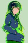  1girl aokaze_(mimi_no_uchi) bangs brown_eyes closed_mouth drawstring frown girls_und_panzer green_background green_hair green_hoodie green_skirt green_theme grey_hairband hairband hands_in_pockets hood hood_down hoodie long_hair long_sleeves looking_at_viewer pleated_skirt reizei_mako simple_background skirt solo standing 