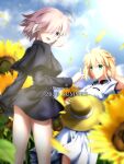  2girls :d absurdres ahoge artoria_pendragon_(all) black_capelet black_dress blonde_hair blue_ribbon blurry blurry_foreground capelet closed_mouth clouds copyright_name day dress dress_shirt fate/grand_order fate/stay_night fate_(series) field flower flower_field foo_(pixiv54892036) green_eyes hair_over_one_eye hair_ribbon hand_in_hair hat highres holding holding_clothes holding_hat huge_filesize long_sleeves looking_at_viewer mash_kyrielight medium_hair multiple_girls open_mouth outdoors pink_dress pink_hair ribbon saber shirt short_dress short_sleeves smile standing sun_hat sunflower violet_eyes white_shirt yellow_flower yellow_headwear 