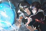  2girls arm_up bangs blush brown_eyes brown_hair collarbone dangan_ronpa_(series) dangan_ronpa_another_episode:_ultra_despair_girls electricity english_commentary fukawa_touko glasses highres holding holding_megaphone kakeami long_hair long_sleeves megaphone multiple_girls naegi_komaru open_mouth sailor_collar school_uniform serafuku shirt short_hair short_sleeves skirt smile taser upper_teeth 