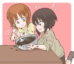  2girls bowl brown_eyes brown_hair brown_shirt chocolate closed_mouth cooking eyebrows_visible_through_hair flying_sweatdrops food_on_clothes frown girls_und_panzer holding holding_bowl holding_spatula leaning_forward leg_up long_sleeves mixing mixing_bowl motion_lines multiple_girls mutsu_(layergreen) nishizumi_maho nishizumi_miho open_mouth pink_background rounded_corners shirt short_hair siblings sisters sleeves_rolled_up spatula standing standing_on_one_leg yellow_shirt younger 