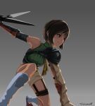  arm_support armor artist_name bare_shoulders black_eyes brown_hair commentary cropped_sweater elbow_gloves final_fantasy final_fantasy_vii gloves gradient gradient_background green_sweater grey_background headband highres holding holding_weapon huge_weapon looking_ahead orange_footwear outstretched_arm ribbed_sweater shijimayu0 shoes short_hair shuriken signature sleeveless sleeveless_turtleneck smile socks squatting sweater turtleneck weapon white_legwear yuffie_kisaragi 