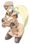  1girl bangs blonde_hair breasts closed_mouth guilty_gear guilty_gear_strive hat highres large_breasts lgori22 long_hair long_sleeves millia_rage simple_background solo tagme 