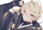  1boy black_coat blonde_hair blue_eyes closed_mouth coat coojisan dutch_angle eyebrows_visible_through_hair eyes_visible_through_hair hair_between_eyes highres holostars kishido_temma looking_at_viewer male_focus simple_background smile solo upper_body virtual_youtuber white_background 