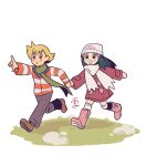  1boy 1girl :o bangs barry_(pokemon) blonde_hair blush boots brown_footwear coat commentary cosmosully hikari_(pokemon) english_commentary grass green_scarf grey_eyes grey_pants hair_ornament hairclip hand_up highres holding_hand jacket long_sleeves open_mouth orange_eyes over-kneehighs pants pink_footwear pokemon pokemon_(game) pokemon_dppt pokemon_platinum running scarf shoes sidelocks smile thigh-highs white_legwear white_scarf 