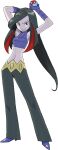  1girl arms_up black_hair closed_mouth crop_top frontier_brain full_body gloves grey_pants high_heels holding holding_poke_ball long_hair lucy_(pokemon) midriff multicolored_hair navel official_art pants poke_ball poke_ball_(basic) pokemon pokemon_(game) pokemon_emerald pokemon_rse purple_footwear purple_gloves red_eyes redhead smile solo standing sugimori_ken transparent_background two-tone_hair 