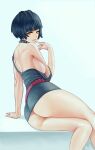  1girl arm_support ass bare_legs black_hair breasts brown_eyes collar dress looking_at_viewer no_bra persona persona_5 revision short_dress short_hair sideboob sitting solo spiked_collar spikes strap_slip takemi_tae zefrableu 