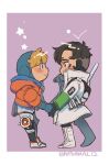  1boy 1girl apex_legends black_hair blonde_hair blue_eyes blush border chibi crypto_(apex_legends) from_side green_sleeves hetero holding_hands hood hood_up husagin jacket leaning_forward looking_at_another orange_jacket purple_background smile star_(symbol) thigh_strap wattson_(apex_legends) white_border white_jacket 