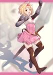  1girl :d ahoge arm_up blonde_hair blurry blurry_background blush boots bow breasts brown_eyes brown_footwear brown_legwear commentary_request depth_of_field djeeta_(granblue_fantasy) full_body gauntlets granblue_fantasy hairband high-waist_skirt highres medium_breasts open_mouth pink_bow pink_hairband pink_skirt pleated_skirt shadow sheath sheathed shirt skirt smile solo sword thigh-highs thigh_boots uneg weapon white_shirt 