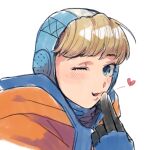 1girl apex_legends bangs blonde_hair blowing_kiss blue_eyes gloves heart hood hood_up husagin jacket light_blush looking_at_viewer looking_to_the_side one_eye_closed open_mouth orange_jacket solo upper_body wattson_(apex_legends) white_background 