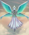  1girl absurdres angel angel_wings armor armored_dress bangs blindfold clouds dungeons_and_dragons greaves halo highres holding holding_sword holding_weapon huge_filesize leejun35 long_hair pointy_ears silver_hair skirt solo sword weapon wings zariel 