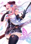  1girl amano_hagoromo belt braid breasts bug butterfly closed_mouth detached_sleeves draph granblue_fantasy hair_between_eyes hair_ornament hair_over_one_eye hairclip hand_on_own_face holding holding_weapon horns insect katana large_breasts long_hair looking_at_viewer narmaya_(granblue_fantasy) pink_hair pointy_ears sheath shiny simple_background skindentation smile solo sword thick_thighs thigh-highs thigh_strap thighs weapon white_background 