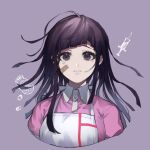  1girl apron bandaged_arm bandages bandaid bandaid_on_face bangs black_hair blunt_bangs breasts closed_mouth collared_shirt commentary_request dangan_ronpa_(series) dangan_ronpa_2:_goodbye_despair frown large_breasts long_hair looking_at_viewer messy_hair mole mole_under_eye nurse pill_bottle pink_shirt puffy_sleeves purple_hair shirt short_sleeves simple_background smile solo suzumetarou syringe tearing_up tears tsumiki_mikan upper_body white_apron 