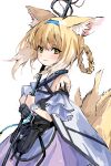  1girl absurdres animal_ear_fluff animal_ears arknights bangs bare_shoulders black_gloves blonde_hair blue_hairband blush braid closed_mouth commentary_request eyebrows_visible_through_hair fox_ears fox_girl fox_tail gloves hair_between_eyes hair_rings hairband highres holding holding_staff kitsune looking_at_viewer multicolored_hair na_tarapisu153 purple_skirt shirt simple_background skirt smile solo staff suzuran_(arknights) tail two-tone_hair white_background white_hair white_shirt yellow_eyes 