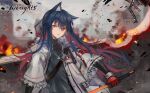  1girl animal_ears arknights blue_hair gloves highres holding holding_weapon jacket jewelry looking_at_viewer necklace orange_eyes red_gloves shirt solo spacelongcat sword texas_(arknights) texas_(winter_messenger)_(arknights) weapon wolf_ears wolf_girl 