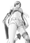  :3 absurdres armor bare_shoulders cropped_sweater elbow_gloves feet_out_of_frame final_fantasy final_fantasy_vii fingerless_gloves fishnets foreshortening from_below gloves greyscale headband highres huge_weapon joker_rider light_smile looking_at_viewer looking_down midriff monochrome navel one_eye_closed open_fly ribbed_sweater short_hair short_shorts shorts shuriken simple_background sleeveless sleeveless_sweater sleeveless_turtleneck sweater turtleneck weapon white_background yuffie_kisaragi 