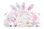  alternate_color bow closed_mouth commentary_request cup frills galarian_form galarian_ponyta gen_4_pokemon gen_6_pokemon gen_8_pokemon glaceon highres holding_cushion leafeon lying moco_font on_stomach paws pokemon pokemon_(creature) shiny_pokemon sleeping sylveon teacup teapot toes tray white_background 