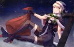  artoria_pendragon_(all) bag black_gloves blonde_hair boots christmas fate/grand_order fate_(series) gift gift_bag gloves green_ribbon highres holding holding_bag jacket kyo_(maae00) merry_christmas ribbon saber_alter santa_alter short_hair sitting yellow_eyes 