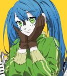 1girl blue_hair brown_gloves building closed_mouth colored_skin commentary earmuffs eyebrows_visible_through_hair eyelashes facepaint flat_chest gloves green_eyes green_jacket hair_between_eyes hands_on_own_cheeks hands_on_own_face hands_up happy hatsune_miku head_tilt headphones high_collar highres jacket long_eyelashes long_hair looking_at_viewer matryoshka_(vocaloid) multicolored multicolored_eyes ringed_eyes simple_background smile solo straight_hair sumino_akasuke tareme track_jacket twintails upper_body very_long_hair vocaloid wavy_mouth white_skin yellow_background zipper